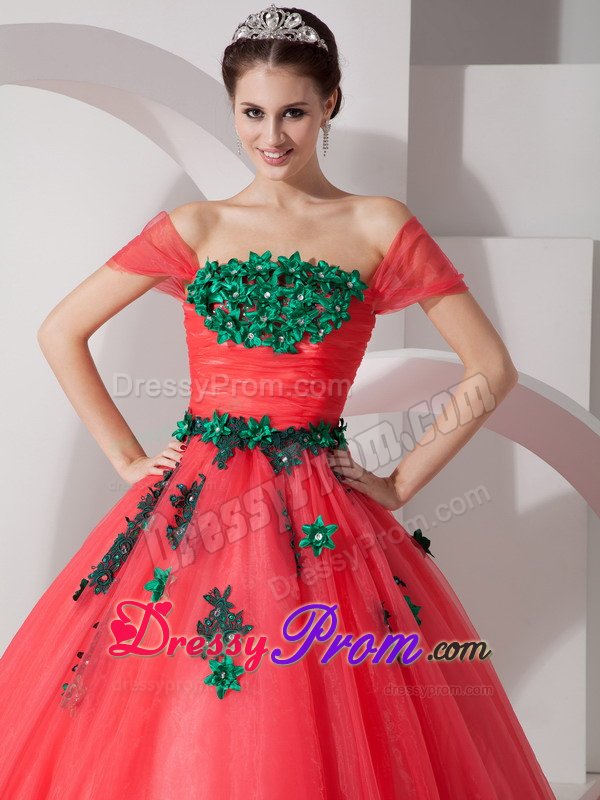 Appliqued Off Shoulder Organza Quinces Dresses in Coral Red 2014