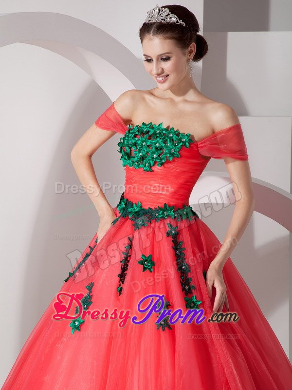 Appliqued Off Shoulder Organza Quinces Dresses in Coral Red 2014