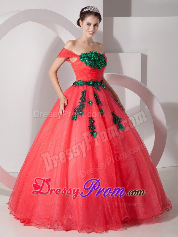 Appliqued Off Shoulder Organza Quinces Dresses in Coral Red 2014