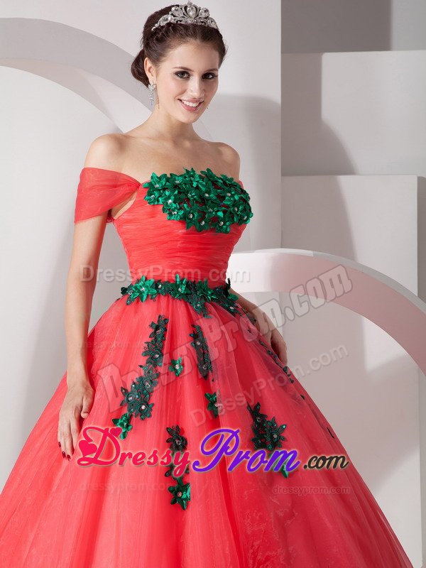 Appliqued Off Shoulder Organza Quinces Dresses in Coral Red 2014
