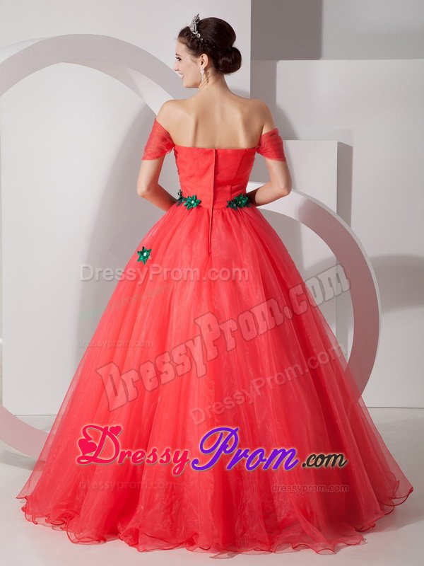 Appliqued Off Shoulder Organza Quinces Dresses in Coral Red 2014