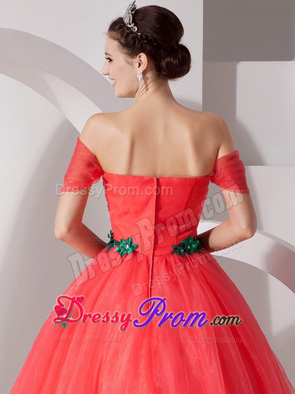 Appliqued Off Shoulder Organza Quinces Dresses in Coral Red 2014
