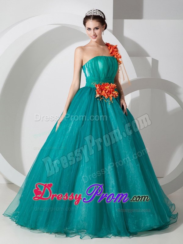 Teal a Line One Shoulder Quinces Dresses with Orange Flowers