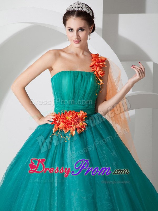 Teal a Line One Shoulder Quinces Dresses with Orange Flowers