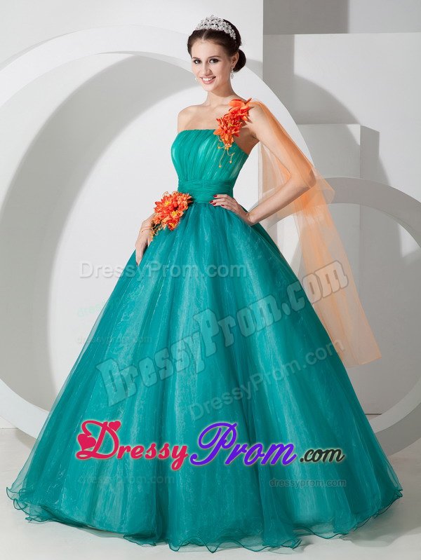 Teal a Line One Shoulder Quinces Dresses with Orange Flowers