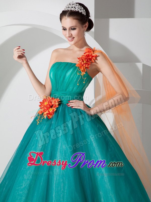 Teal a Line One Shoulder Quinces Dresses with Orange Flowers