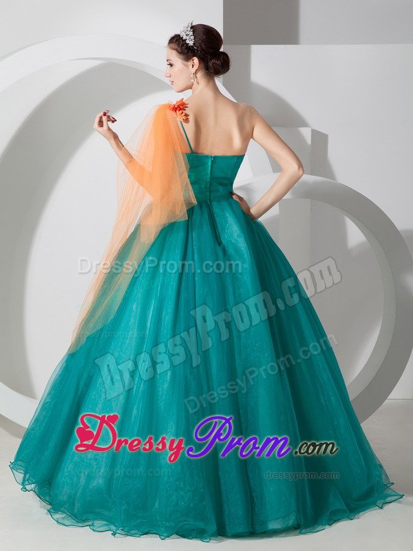 Teal a Line One Shoulder Quinces Dresses with Orange Flowers