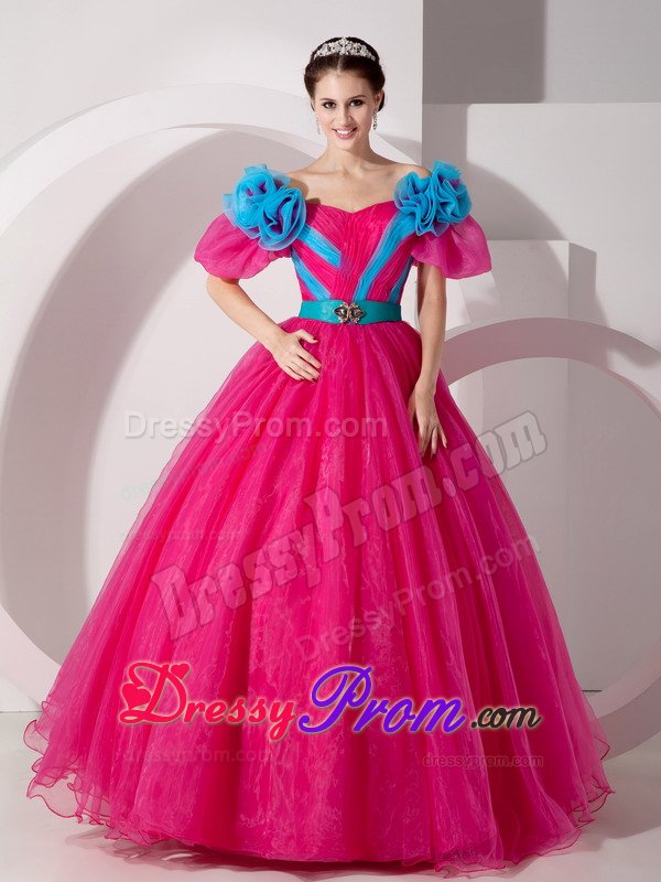 Flowery Hot Pink Off Shoulder Quinces Dresses with Short Sleeves