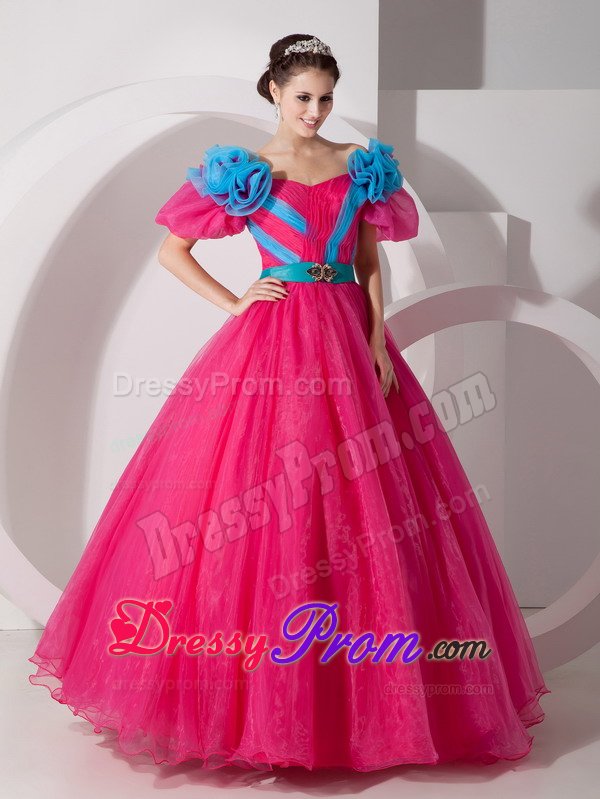 Flowery Hot Pink Off Shoulder Quinces Dresses with Short Sleeves