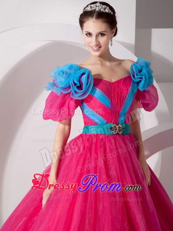 Flowery Hot Pink Off Shoulder Quinces Dresses with Short Sleeves