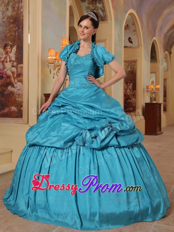 Rowland Heights CA Appliqued Teal Quinces Dresses with Pick ups