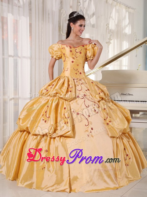 Beaded Gold Off Shoulder Quinces Dresses with Short Puff Sleeves