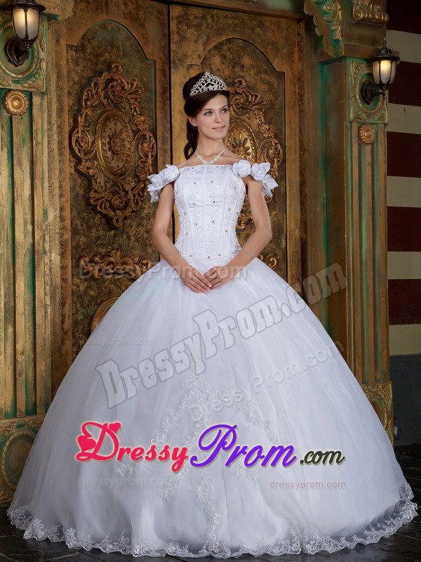 White Off Shoulder Quinces Dresses with Flowers and Beading 2014