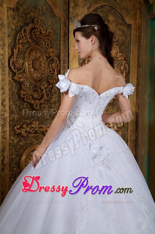 White Off Shoulder Quinces Dresses with Flowers and Beading 2014