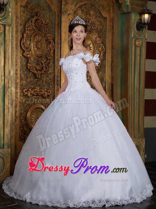 White Off Shoulder Quinces Dresses with Flowers and Beading 2014