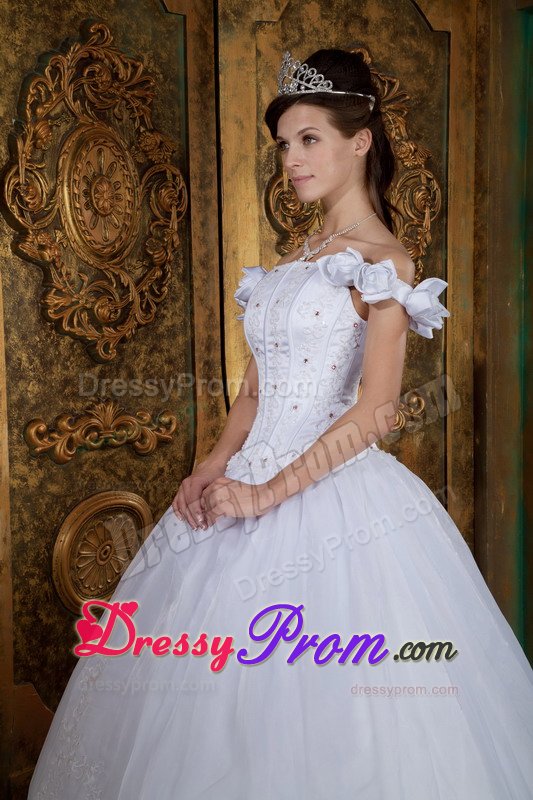 White Off Shoulder Quinces Dresses with Flowers and Beading 2014