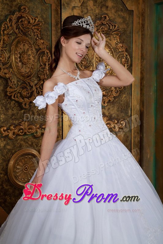 White Off Shoulder Quinces Dresses with Flowers and Beading 2014