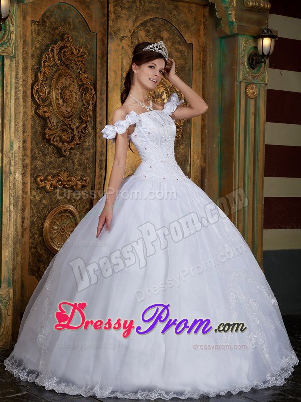 White Off Shoulder Quinces Dresses with Flowers and Beading 2014