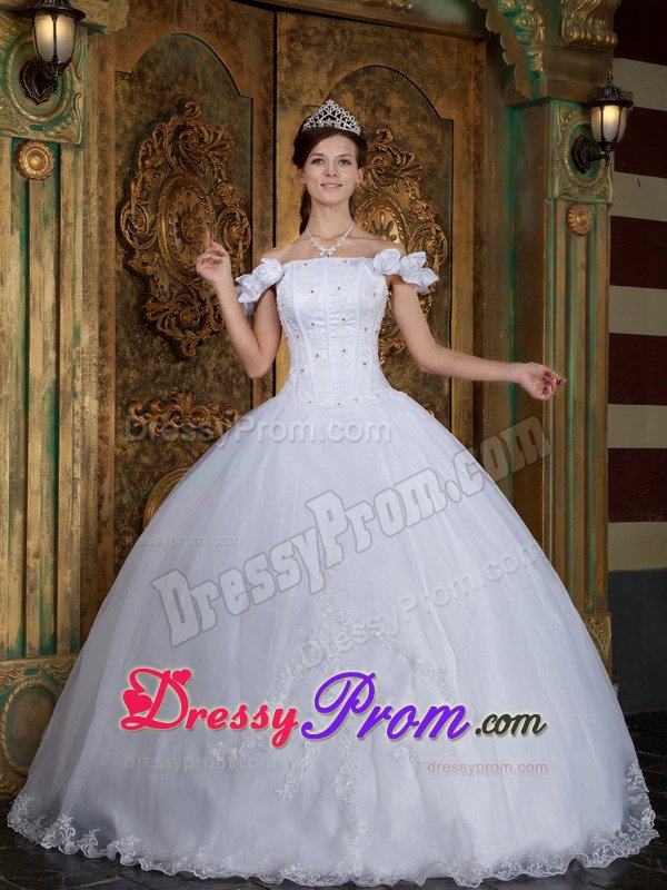 White Off Shoulder Quinces Dresses with Flowers and Beading 2014