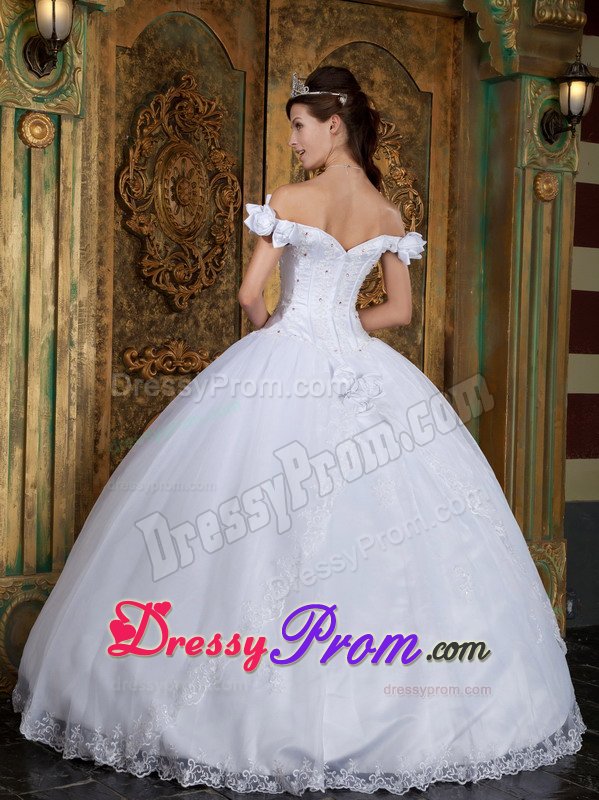 White Off Shoulder Quinces Dresses with Flowers and Beading 2014