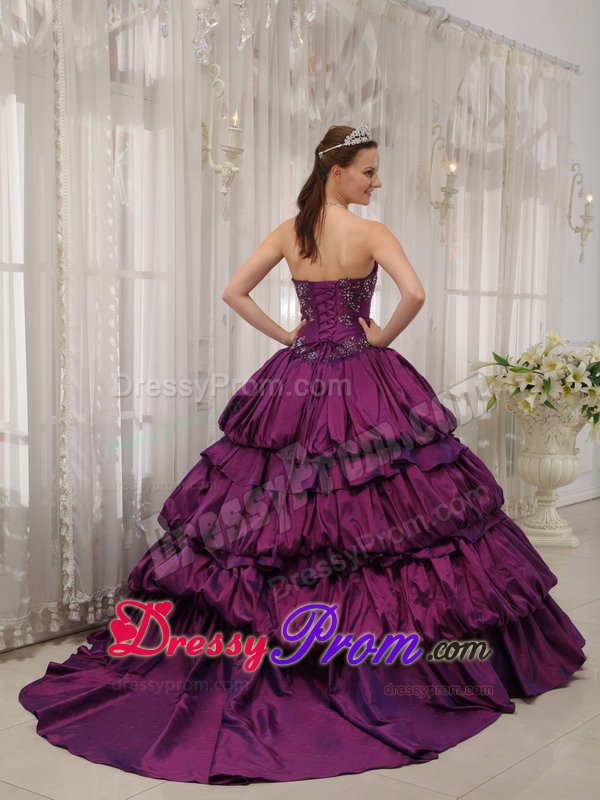 Appliques and Court Train Quinces Dresses in Eggplant Purple