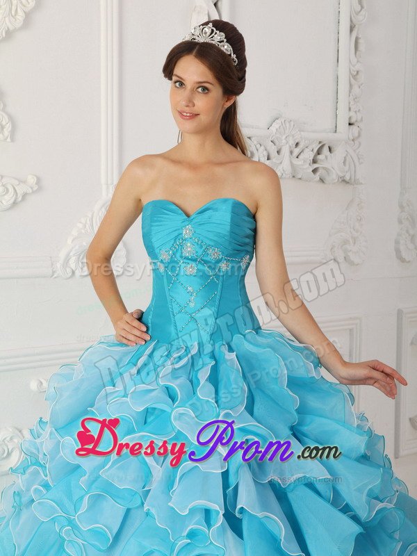 Beading and Ruffles Accent Aqua Blue Quinceanera Dresses 2014