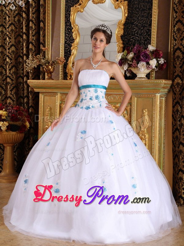 Redondo Beach CA White Quinceanera Dresses with Blue Appliques