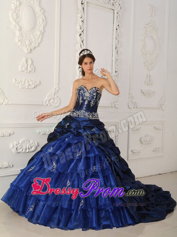 Appliqued and Ruffled Navy Blue Quinceanera Dresses with Train