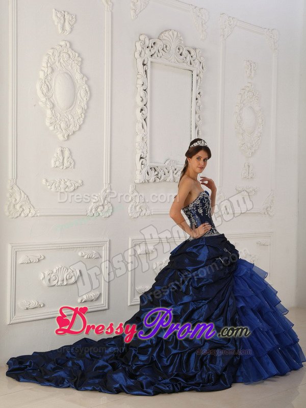 Appliqued and Ruffled Navy Blue Quinceanera Dresses with Train