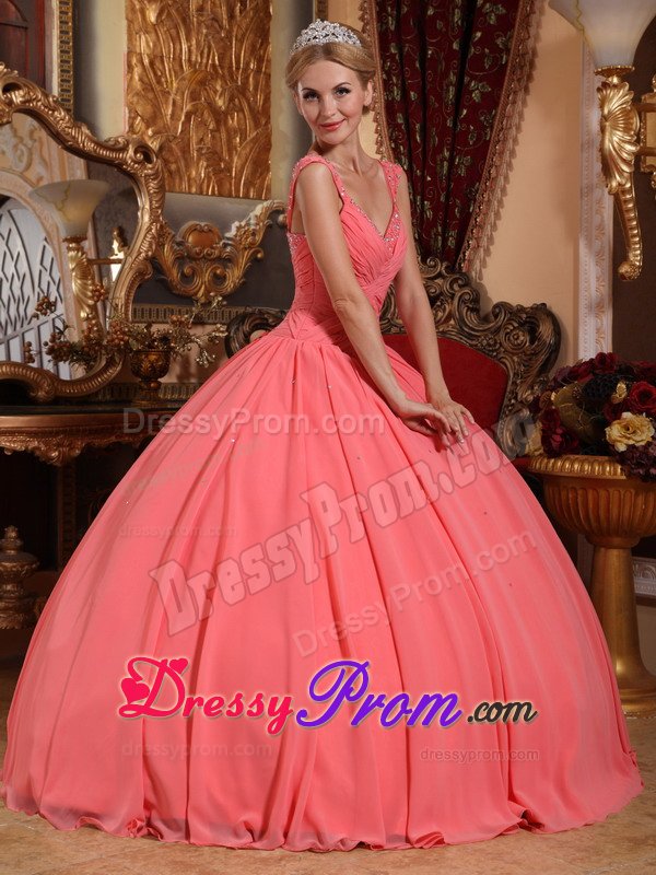 Beaded and Ruched v Neck Quinceanera Dresses in Watermelon Pink