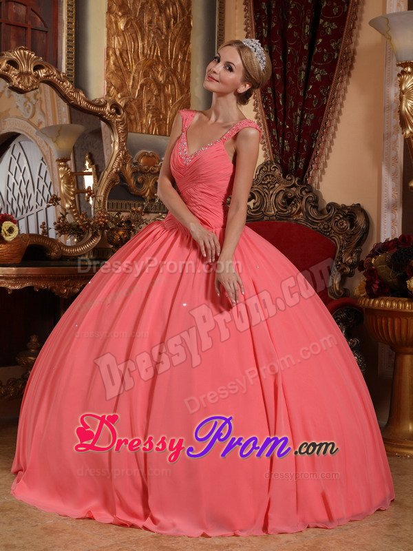 Beaded and Ruched v Neck Quinceanera Dresses in Watermelon Pink