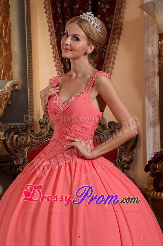 Beaded and Ruched v Neck Quinceanera Dresses in Watermelon Pink