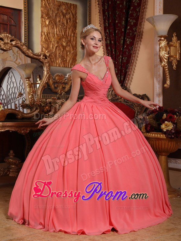 Beaded and Ruched v Neck Quinceanera Dresses in Watermelon Pink