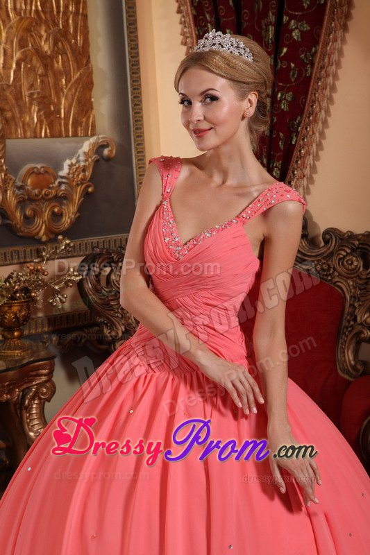 Beaded and Ruched v Neck Quinceanera Dresses in Watermelon Pink