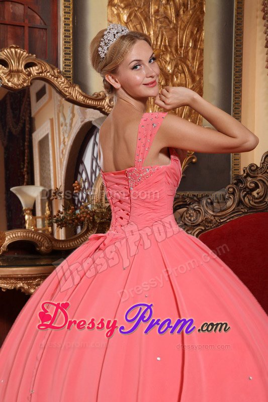 Beaded and Ruched v Neck Quinceanera Dresses in Watermelon Pink