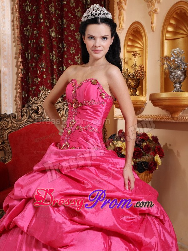 Hot Pink Taffeta Quinceanera Dresses with Beading and Pick ups