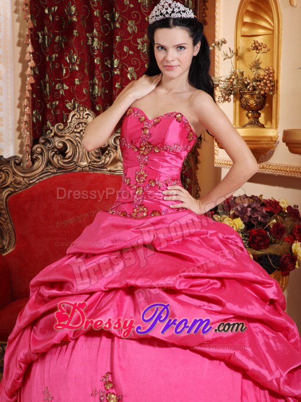 Hot Pink Taffeta Quinceanera Dresses with Beading and Pick ups