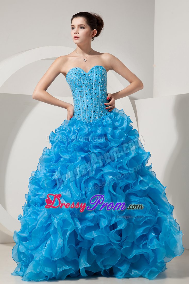 Ruffled and Beaded Baby Blue Organza Dresses for Quinceanera