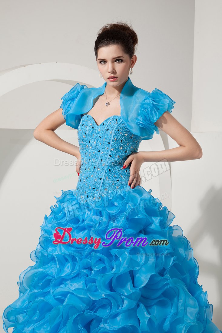 Ruffled and Beaded Baby Blue Organza Dresses for Quinceanera