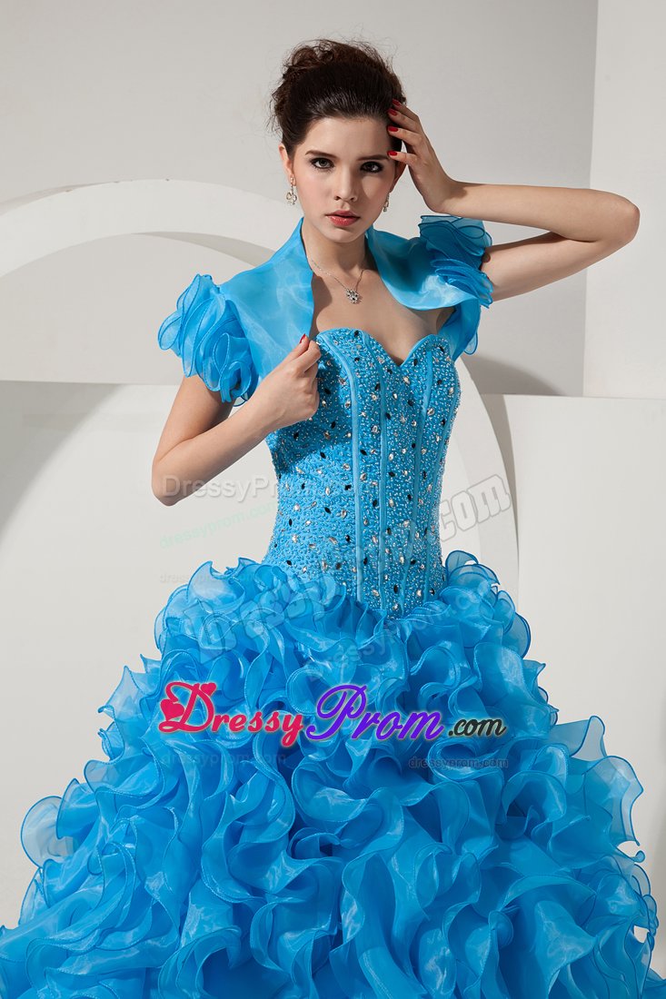 Ruffled and Beaded Baby Blue Organza Dresses for Quinceanera