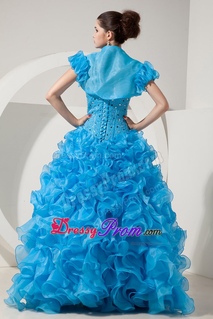 Ruffled and Beaded Baby Blue Organza Dresses for Quinceanera
