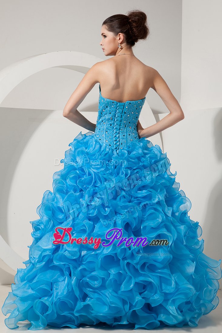 Ruffled and Beaded Baby Blue Organza Dresses for Quinceanera