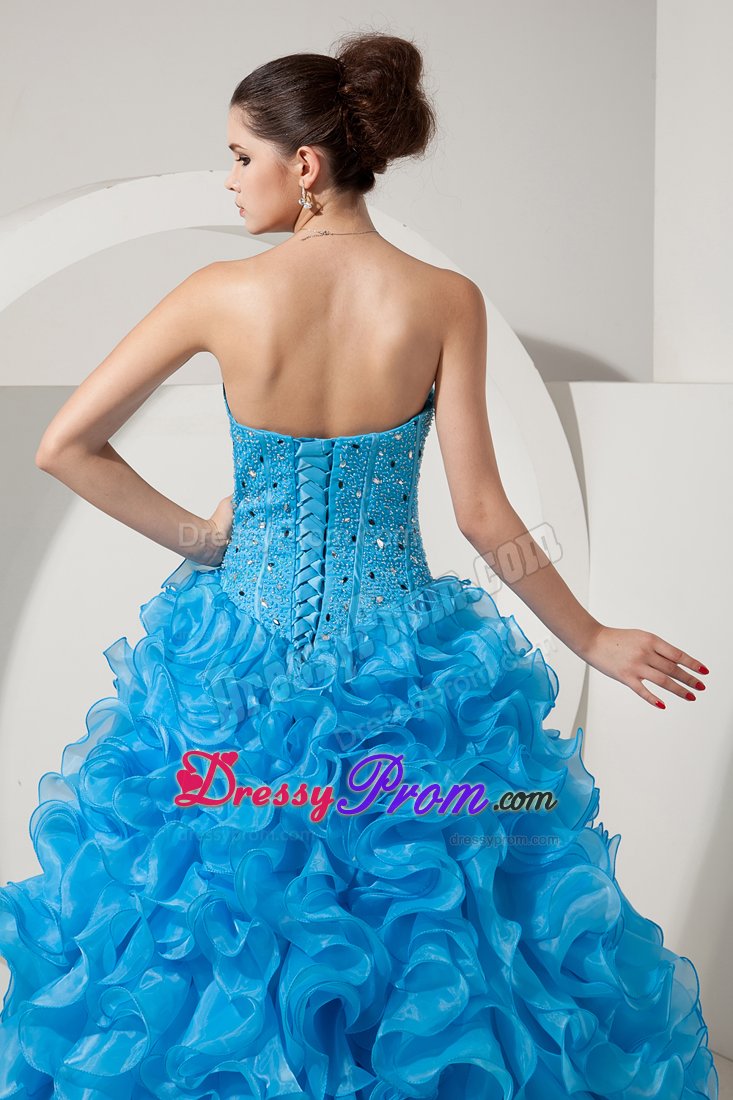 Ruffled and Beaded Baby Blue Organza Dresses for Quinceanera