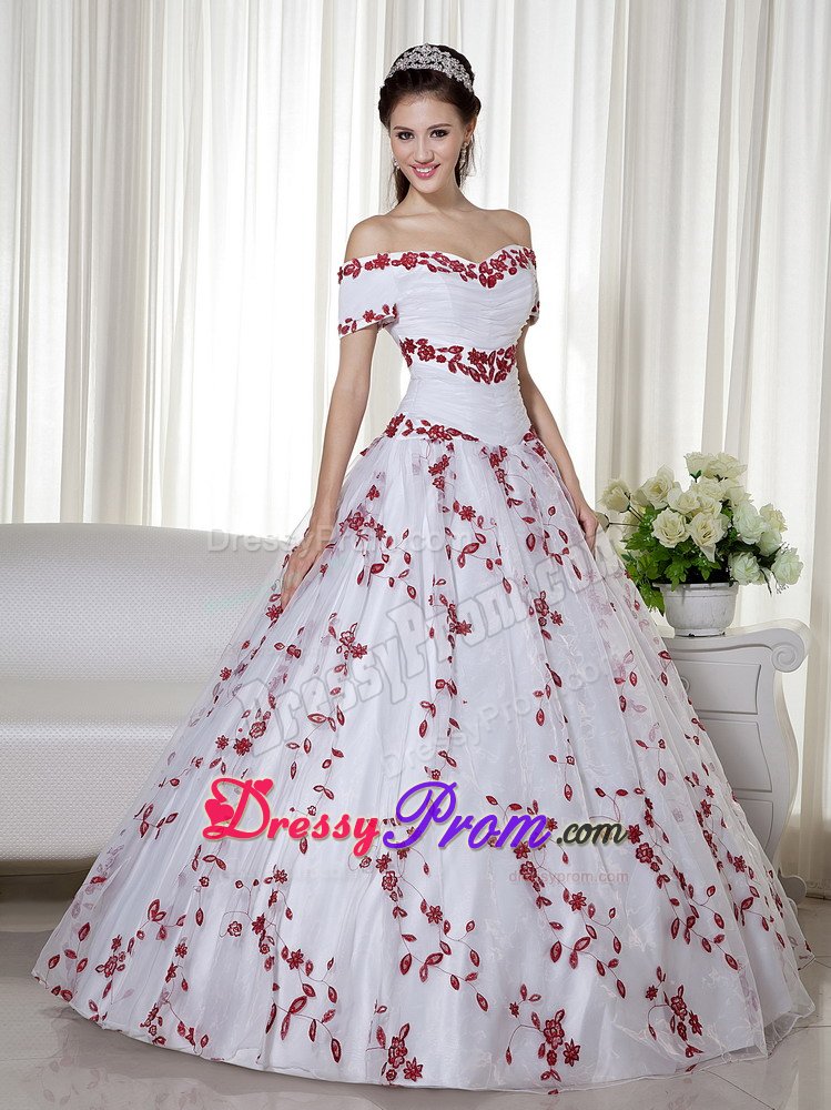 White Off Shoulder Embroidered Dress for Quinceanera with Sleeves