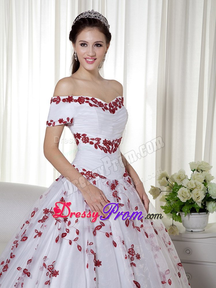 White Off Shoulder Embroidered Dress for Quinceanera with Sleeves
