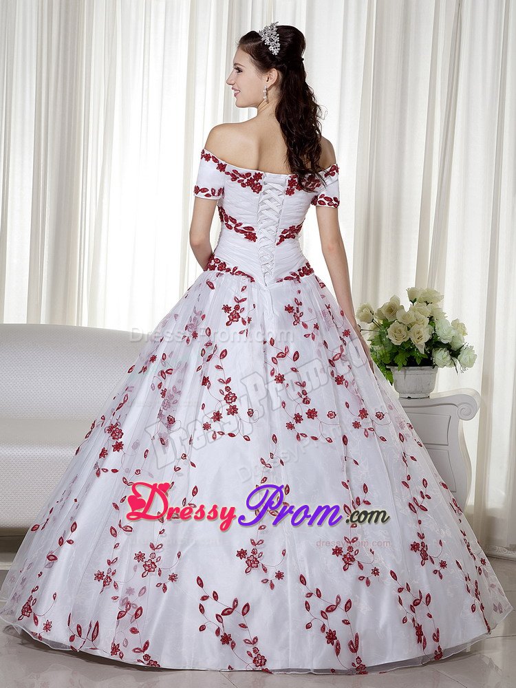 White Off Shoulder Embroidered Dress for Quinceanera with Sleeves