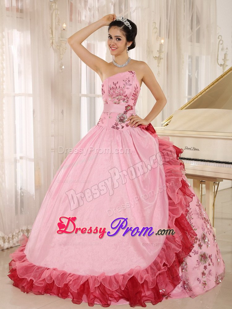 Beaded and Ruffled Pink Strapless Floor Length Dress for Quinceanera