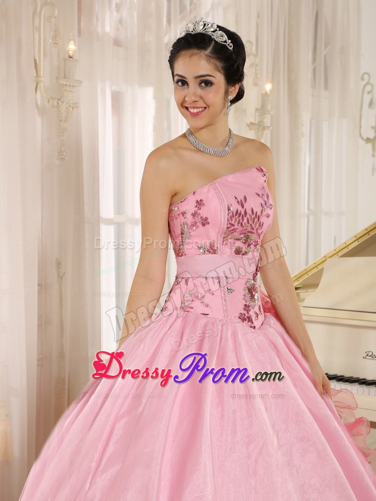 Beaded and Ruffled Pink Strapless Floor Length Dress for Quinceanera
