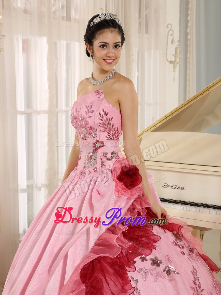 Beaded and Ruffled Pink Strapless Floor Length Dress for Quinceanera