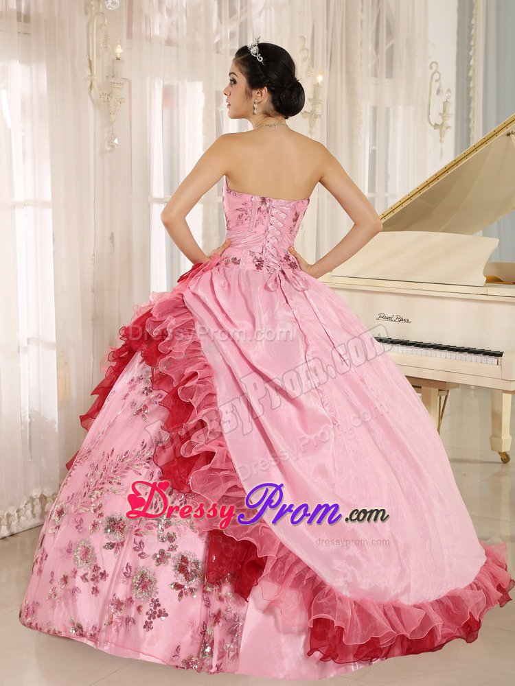Beaded and Ruffled Pink Strapless Floor Length Dress for Quinceanera